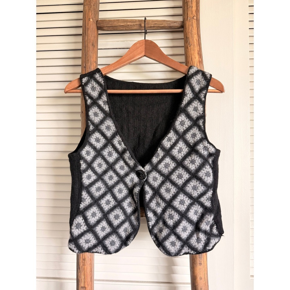 Womens Black Grey Crochet Diamond Knit Vest‎ Waistcoat Wool Blend